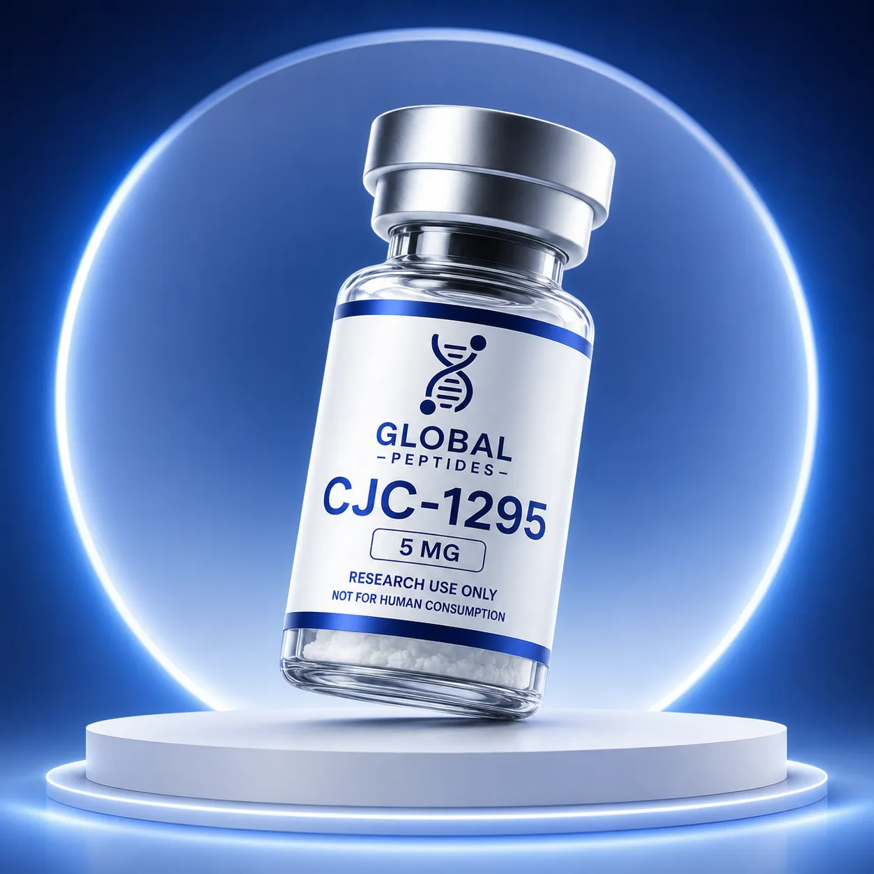 Global Peptide Sciences CJC-1295 research vial on a luminous platform