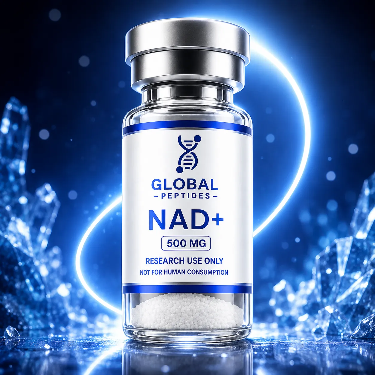 Global Peptide Sciences NAD+ research vial with blue crystalline accents