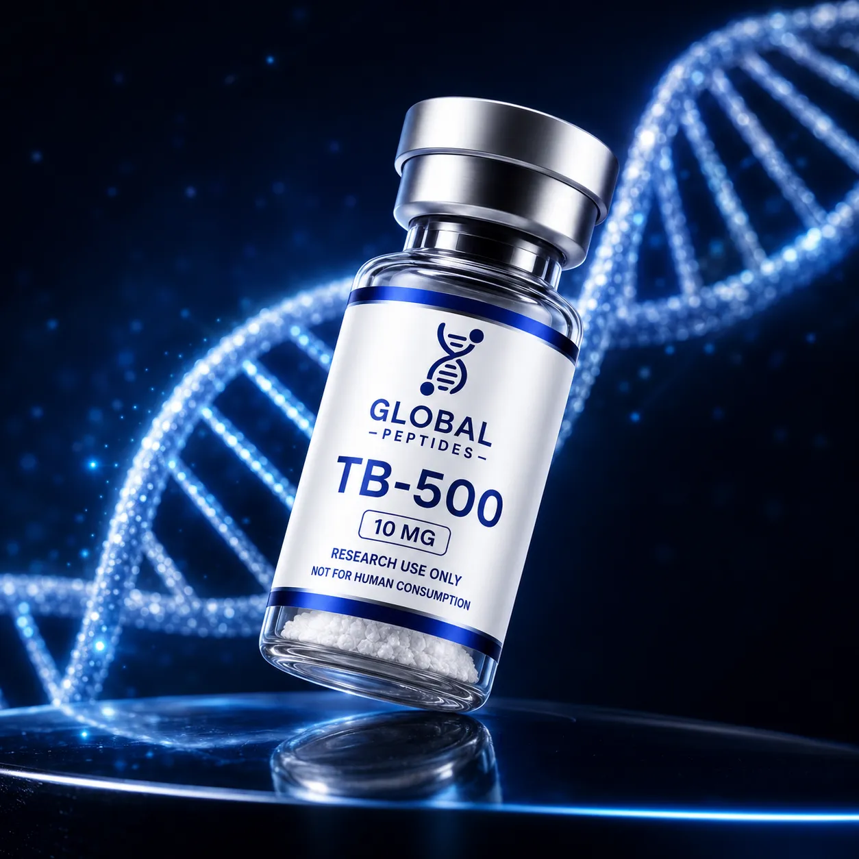 Global Peptide Sciences TB-500 research vial with a DNA-inspired background